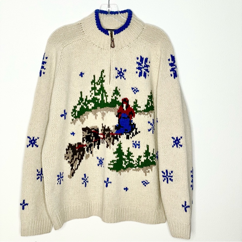 Vintage wool Land's End men's size L large 42 44 dog sled snow print sweater